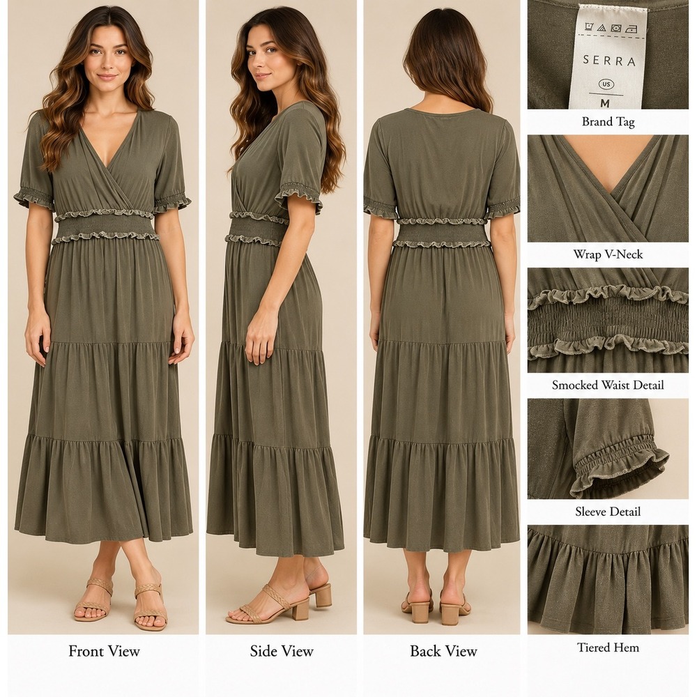Serra Midi Dress Womens Medium Olive Green Cottagecore Boho Smocked Tiered Wrap